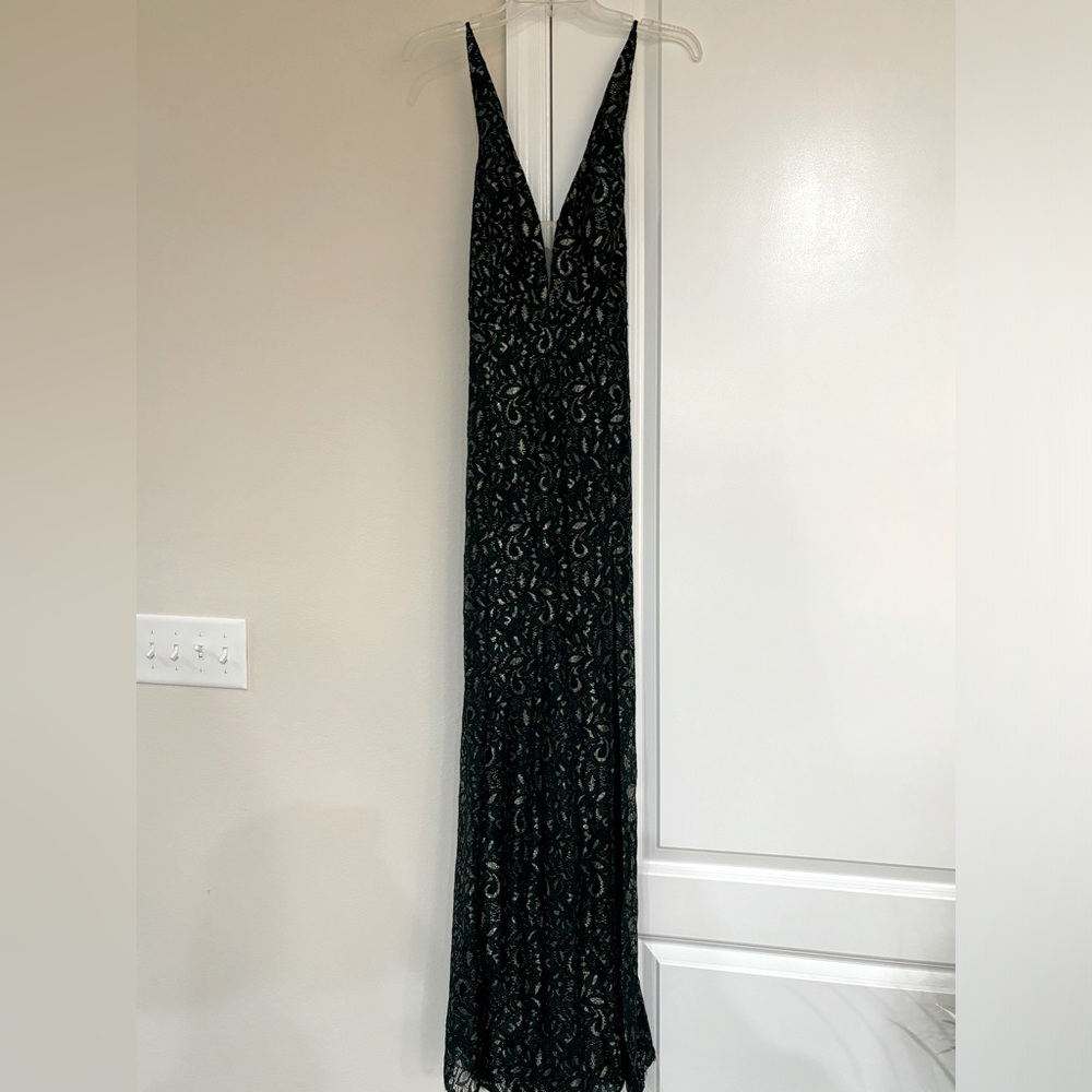 Lulus green and gold long dress with a slit